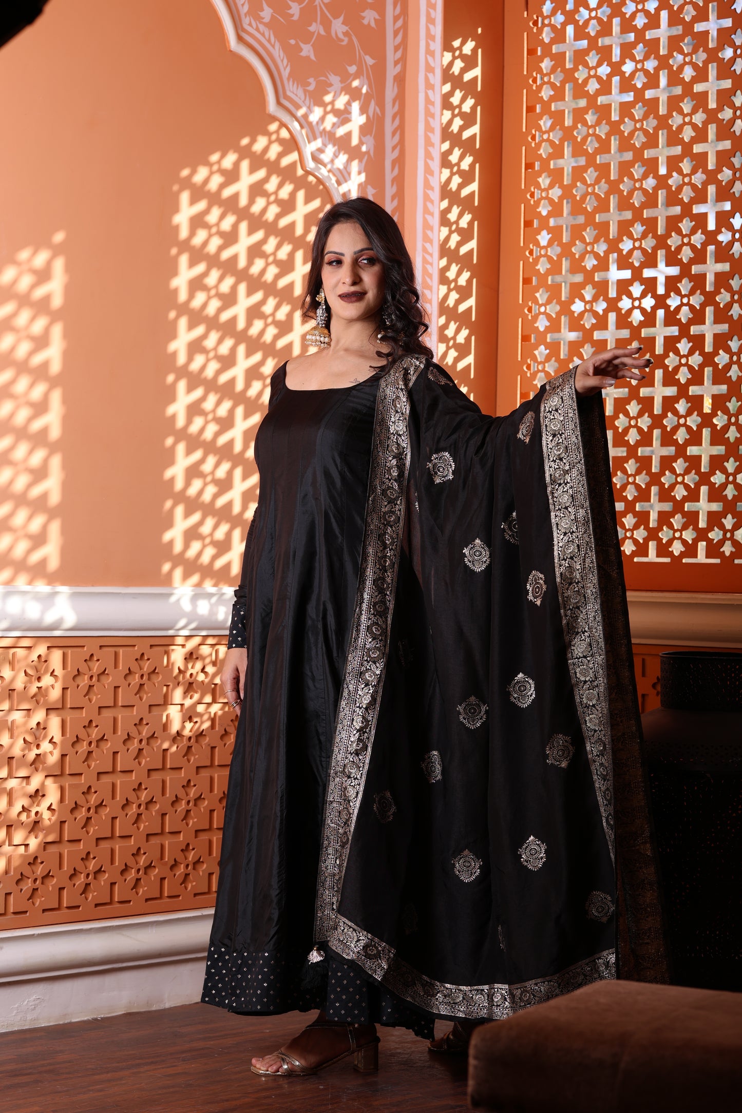Kaashi Pure Silk Anarkali With Banarasi Dupatta - Black with Golden Zari Border