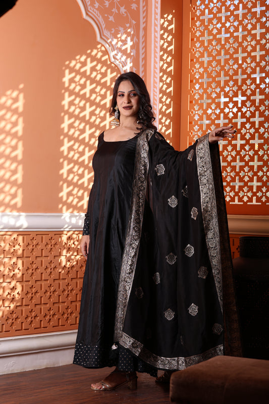 Kaashi Pure Silk Anarkali With Banarasi Dupatta - Black with Golden Zari Border