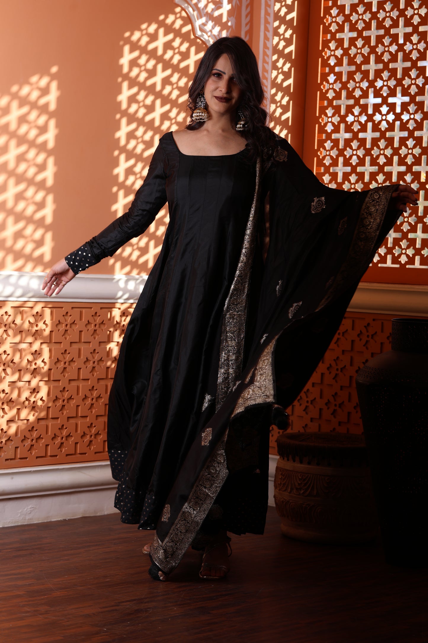 Kaashi Pure Silk Anarkali With Banarasi Dupatta - Black with Golden Zari Border