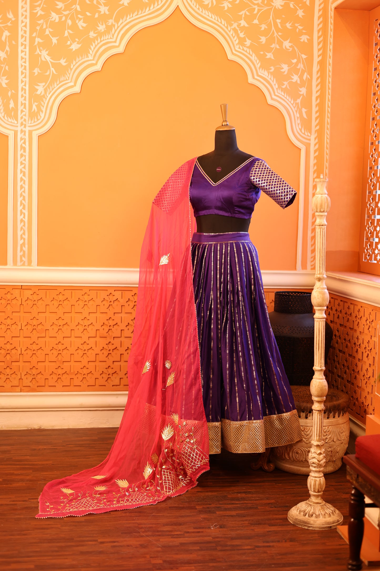 Deep Purple Chanderi Silk Lehenga with Fuchia Pink Dupatta