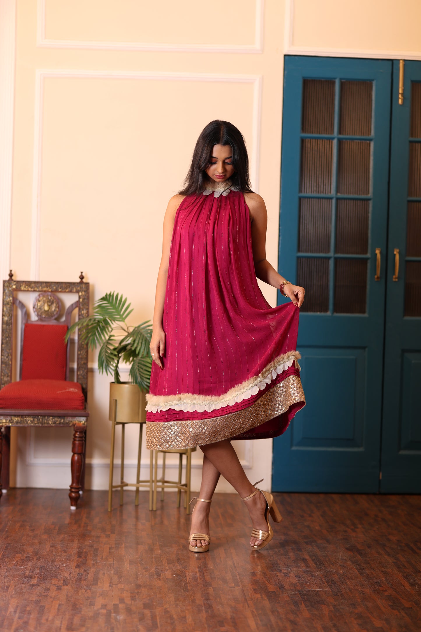 Wine Shade Halter Neck Pleated Knee-Length One Piece Dress