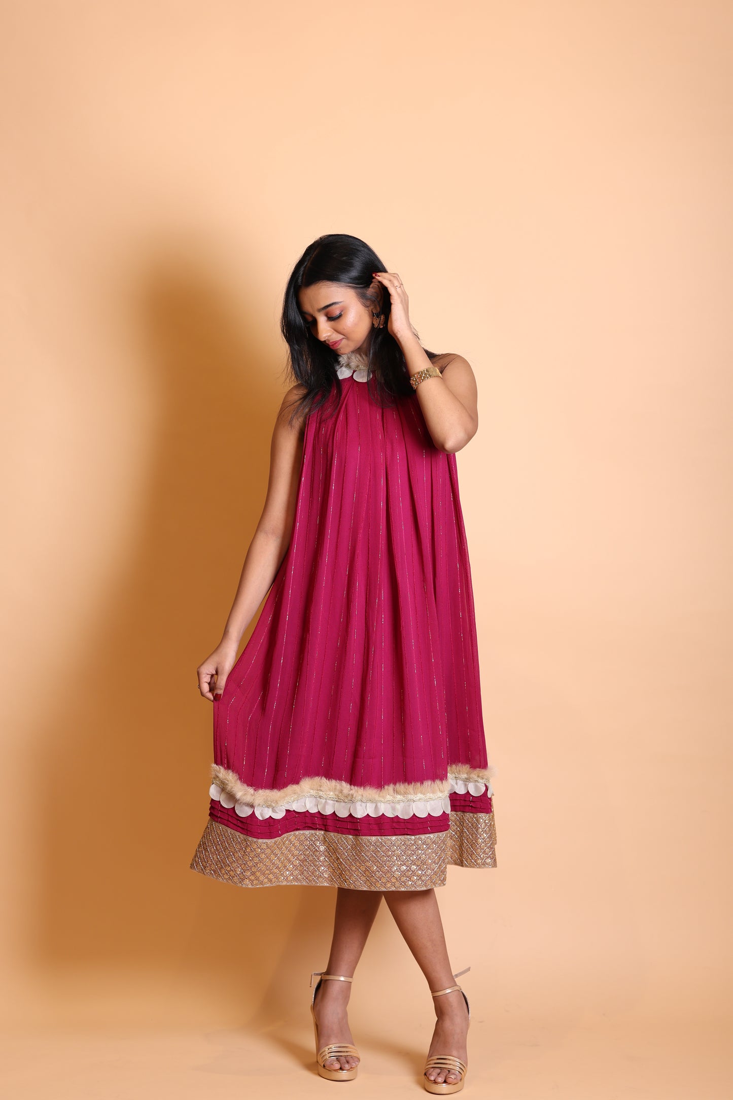 Wine Shade Halter Neck Pleated Knee-Length One Piece Dress