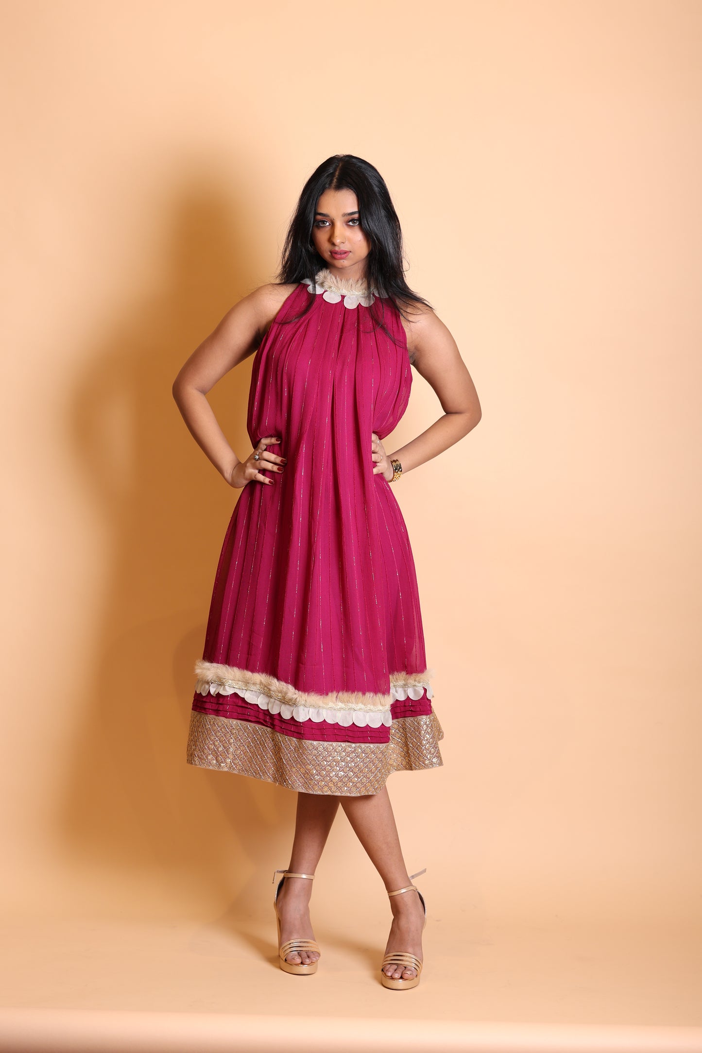 Wine Shade Halter Neck Pleated Knee-Length One Piece Dress