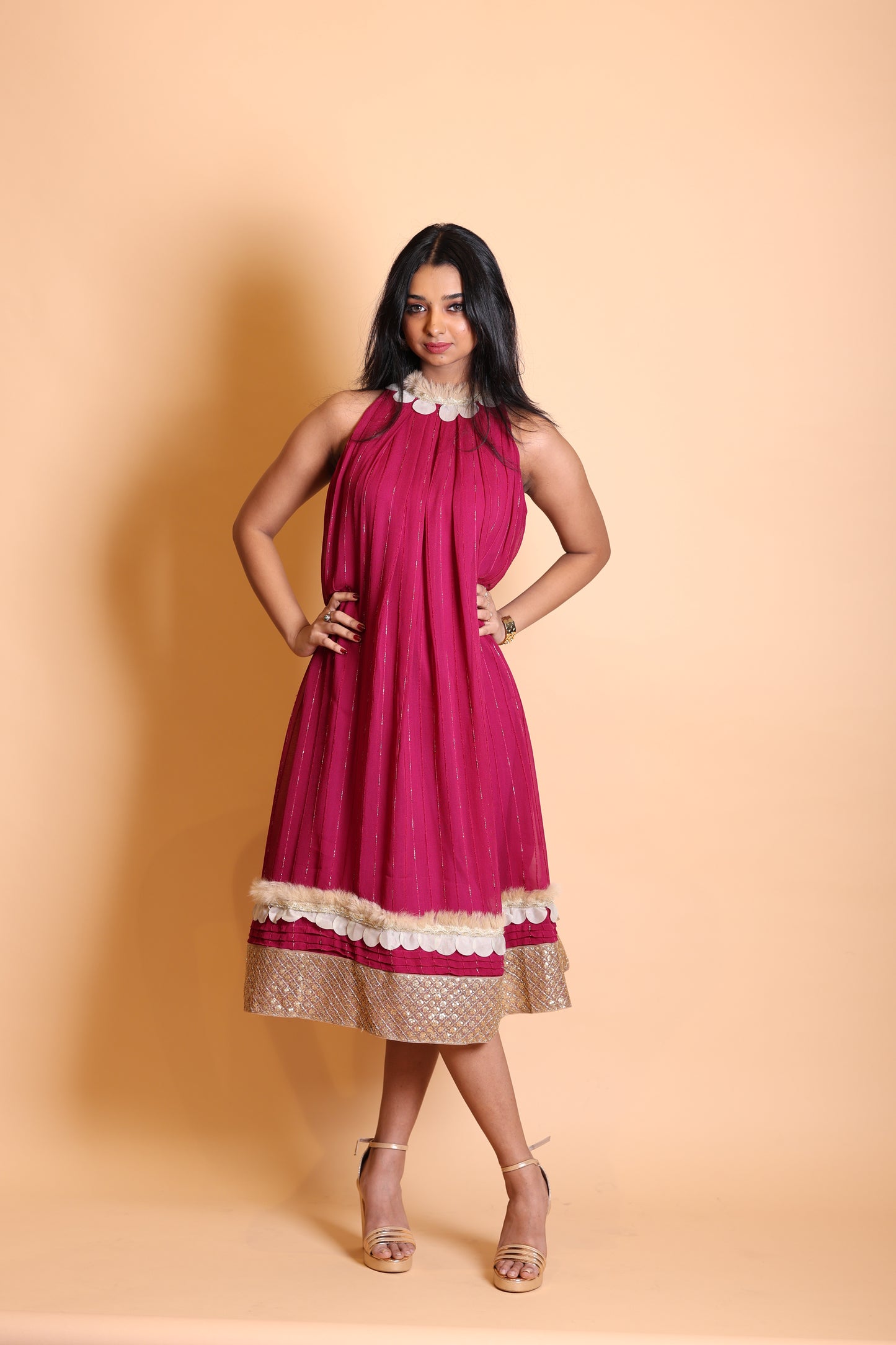 Wine Shade Halter Neck Pleated Knee-Length One Piece Dress