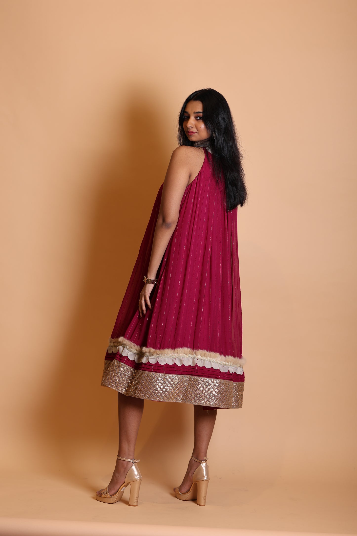 Wine Shade Halter Neck Pleated Knee-Length One Piece Dress