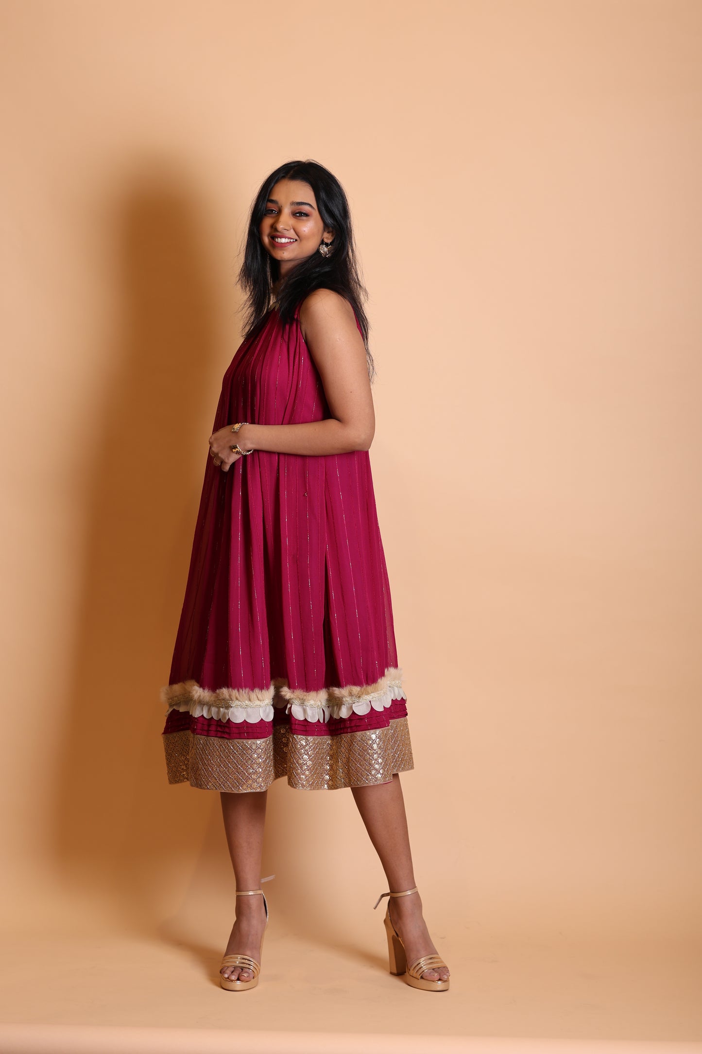 Wine Shade Halter Neck Pleated Knee-Length One Piece Dress