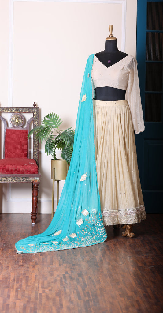 Ivory Chanderi Silk Lehenga with Turquoise Blue Chiffon  Dupatta