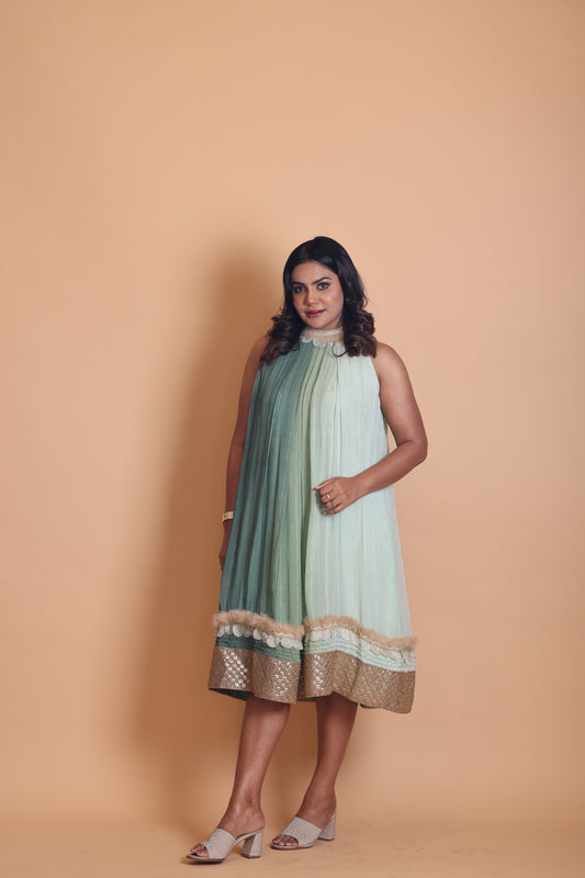 Halter Neck Pleated Knee-Length One Piece Dress in Olive Green Ombre