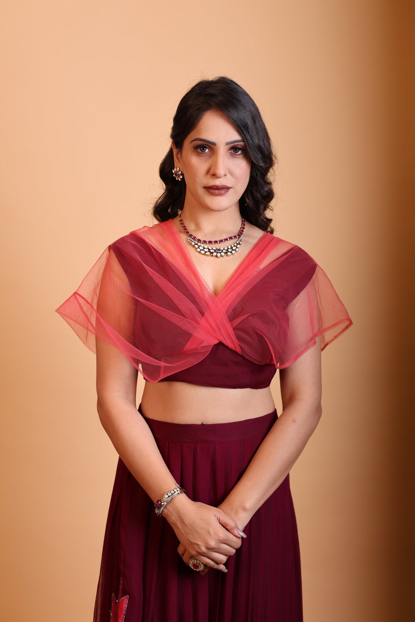 Vega Pure Chiffon Stylish Lehenga - Pink and Wine Color