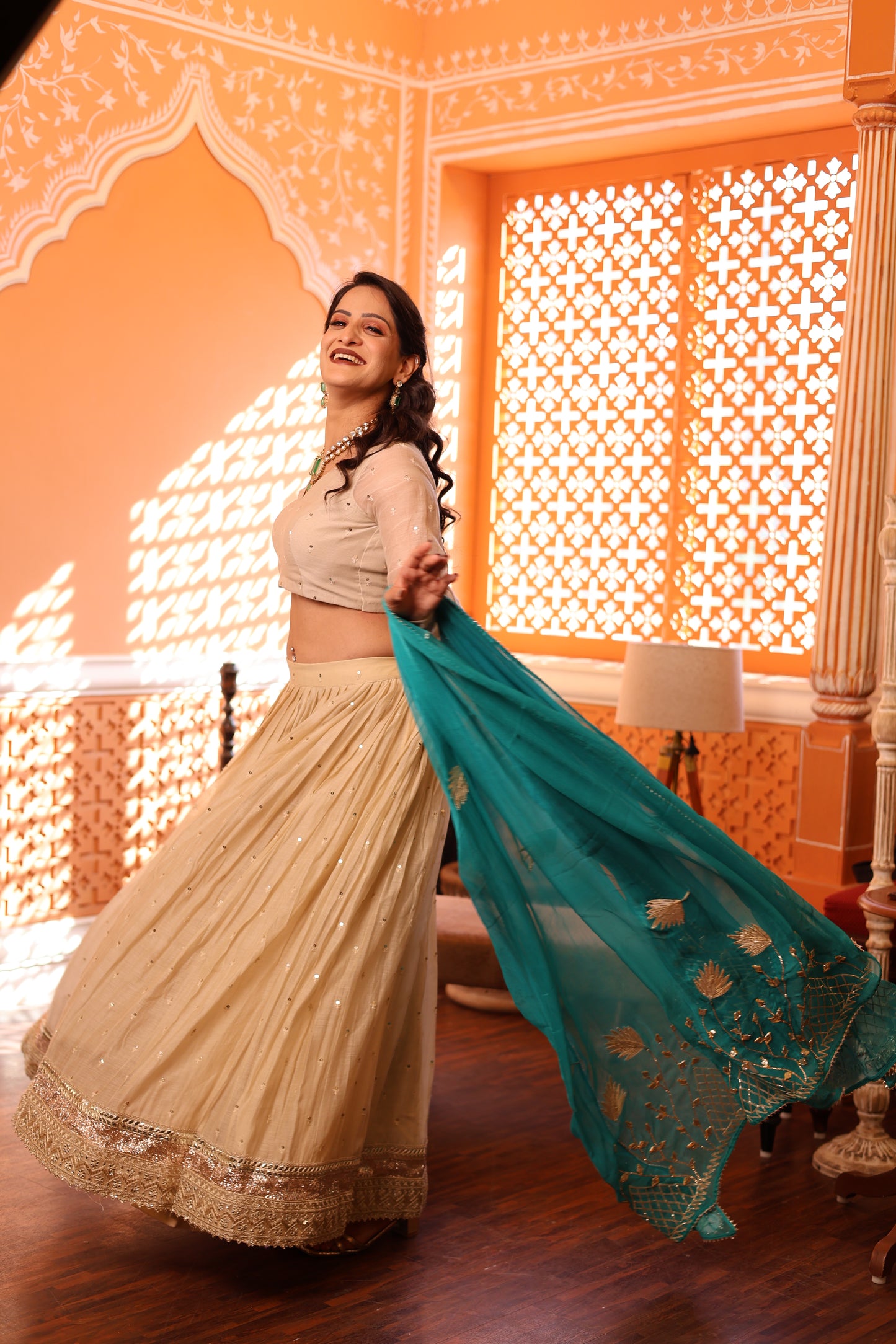Ivory Chanderi Silk Lehenga with Turquoise Blue Chiffon  Dupatta