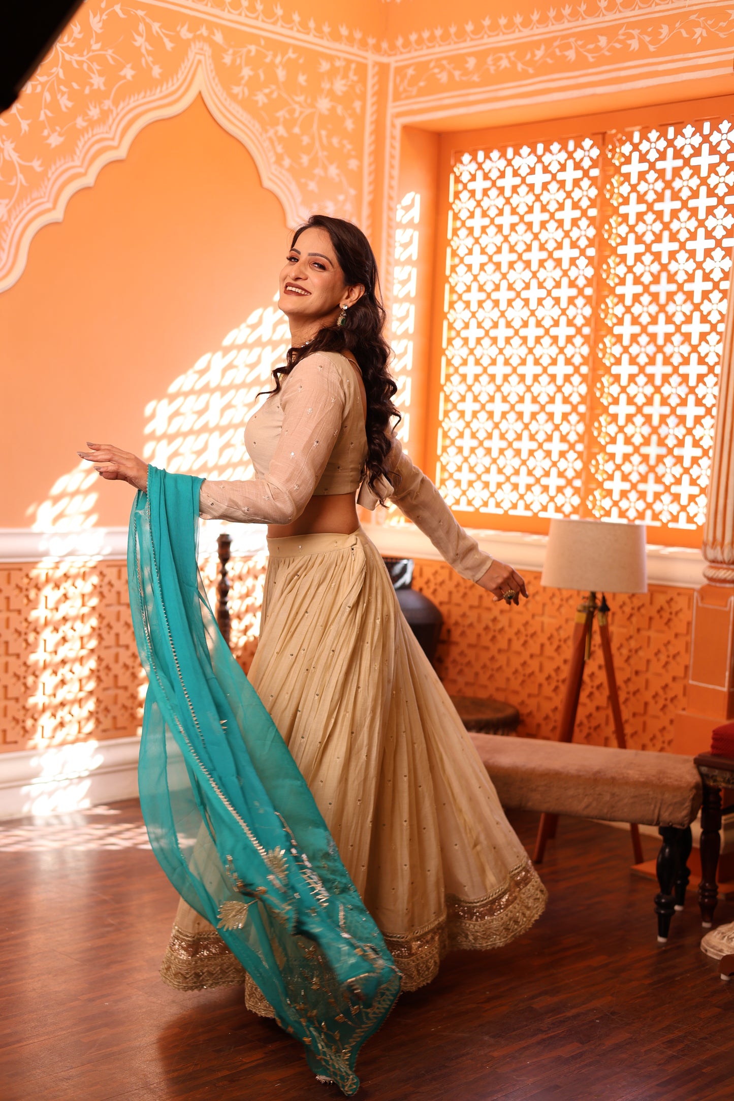 Ivory Chanderi Silk Lehenga with Turquoise Blue Chiffon  Dupatta
