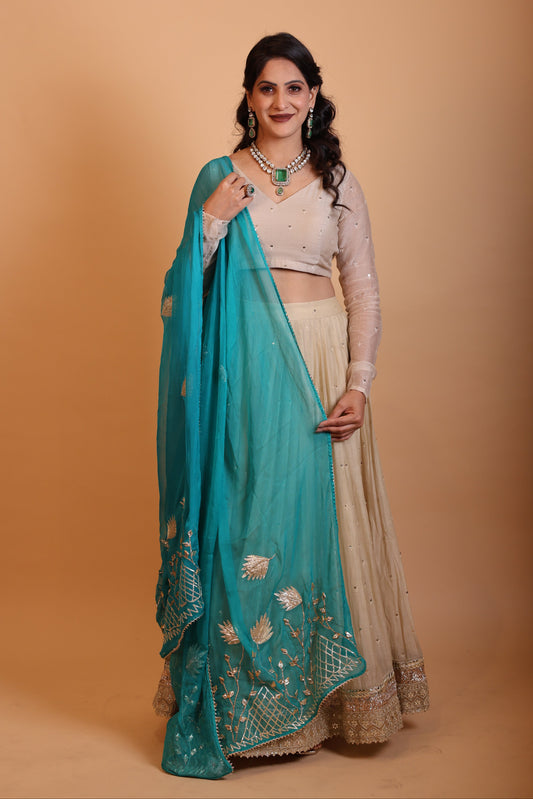 Ivory Chanderi Silk Lehenga with Turquoise Blue Chiffon  Dupatta