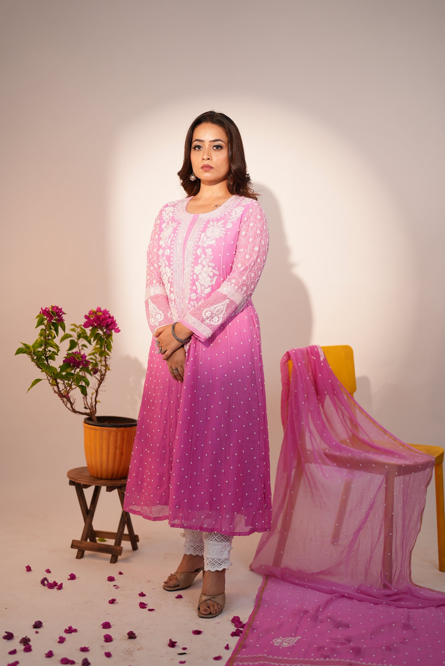 Premium Ombre Pink Chikankari Anarkali Set