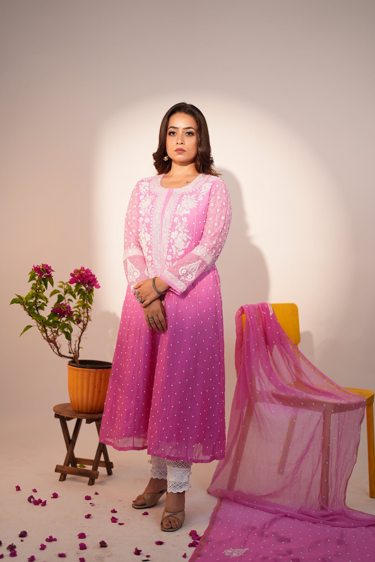 Premium Ombre Pink Chikankari Anarkali Set