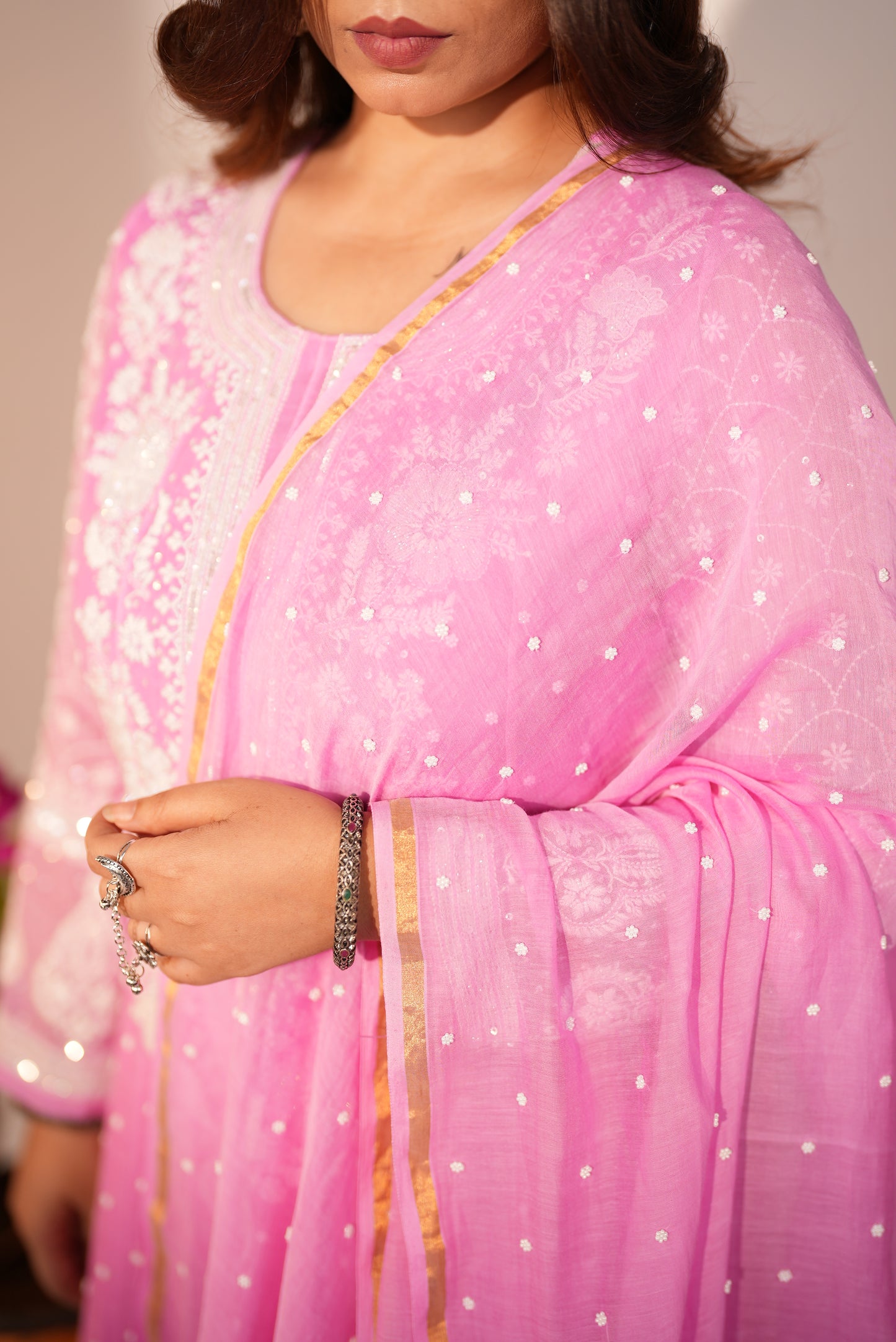 Premium Ombre Pink Chikankari Anarkali Set