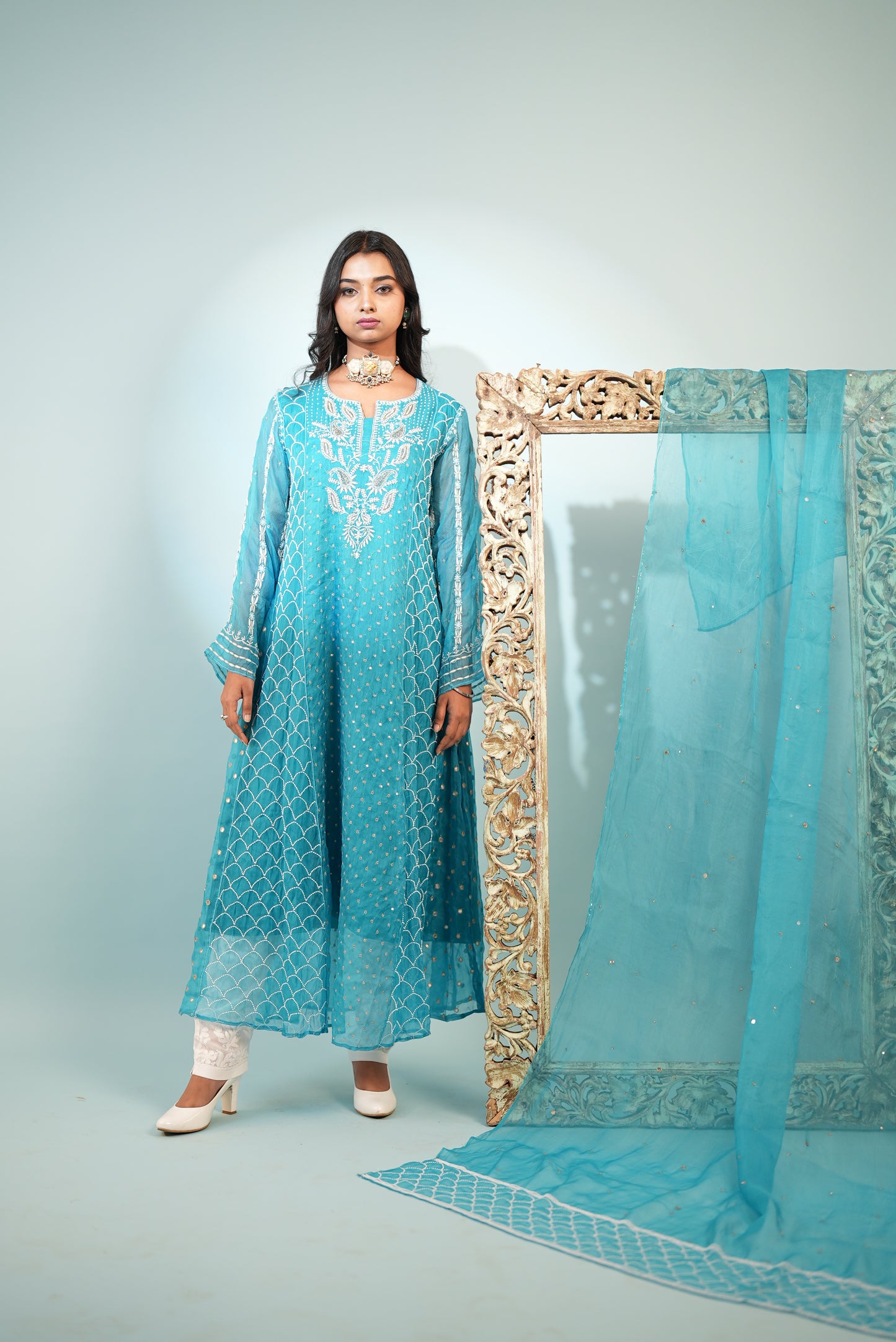 Premium Lucknowi Aarkali Suit in Pure Organza Silk Turquoise Blue