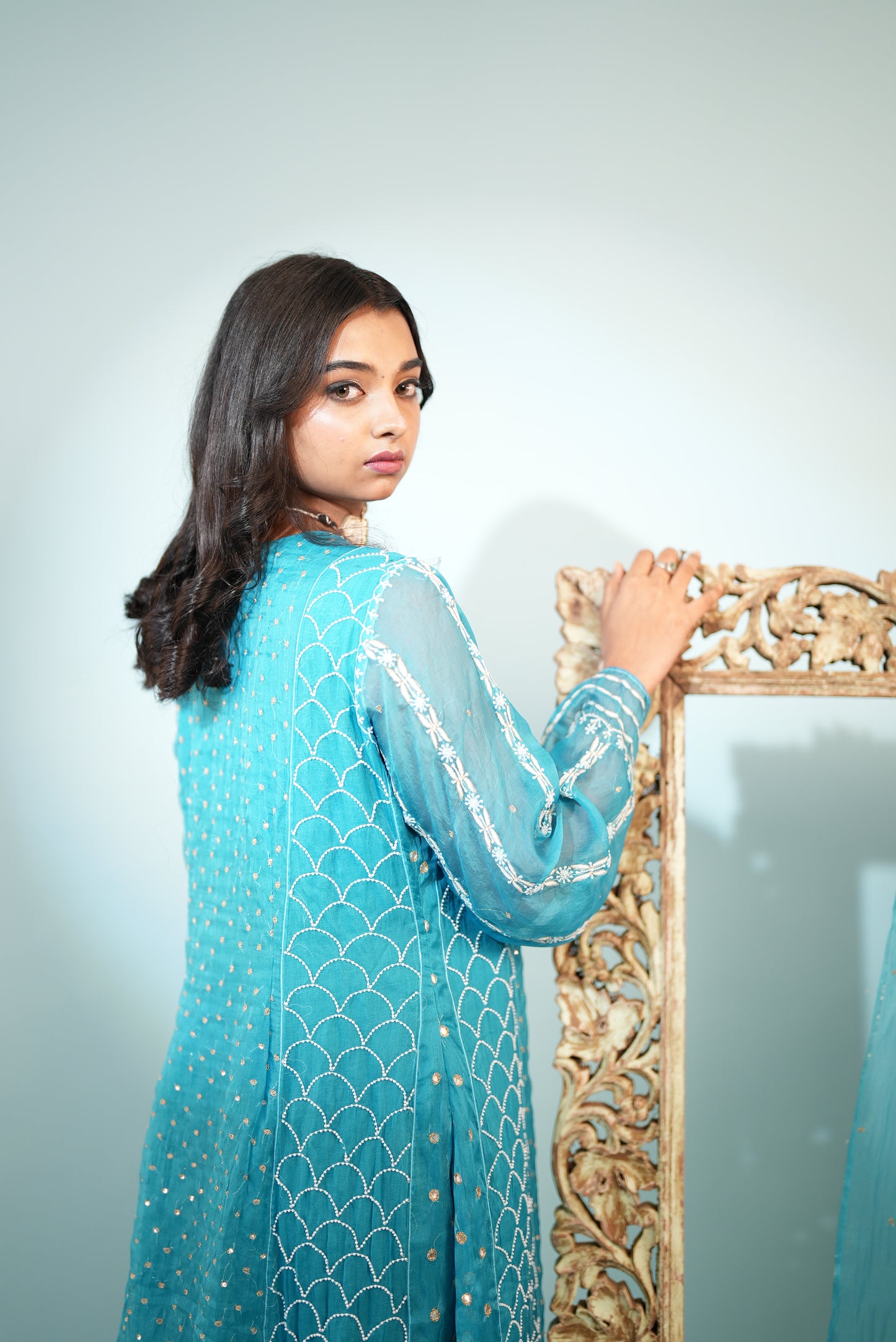 Premium Lucknowi Aarkali Suit in Pure Organza Silk Turquoise Blue