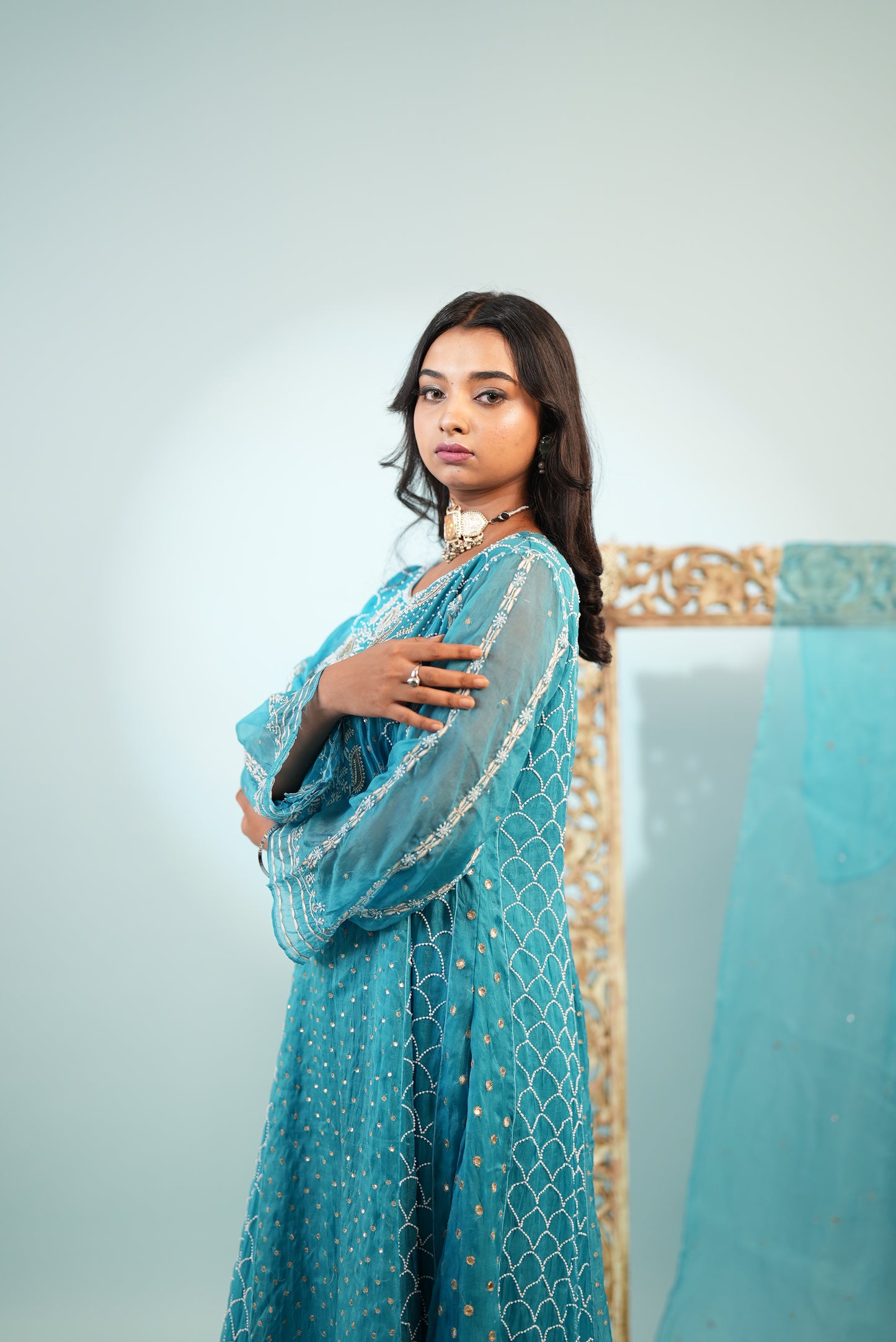 Premium Lucknowi Aarkali Suit in Pure Organza Silk Turquoise Blue