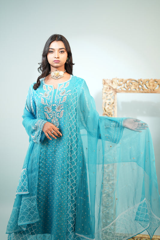 Premium Lucknowi Aarkali Suit in Pure Organza Silk Turquoise Blue