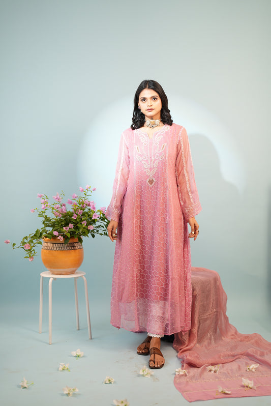 Premium Lucknowi  Suit in Pure Organza Silk Blush Pink