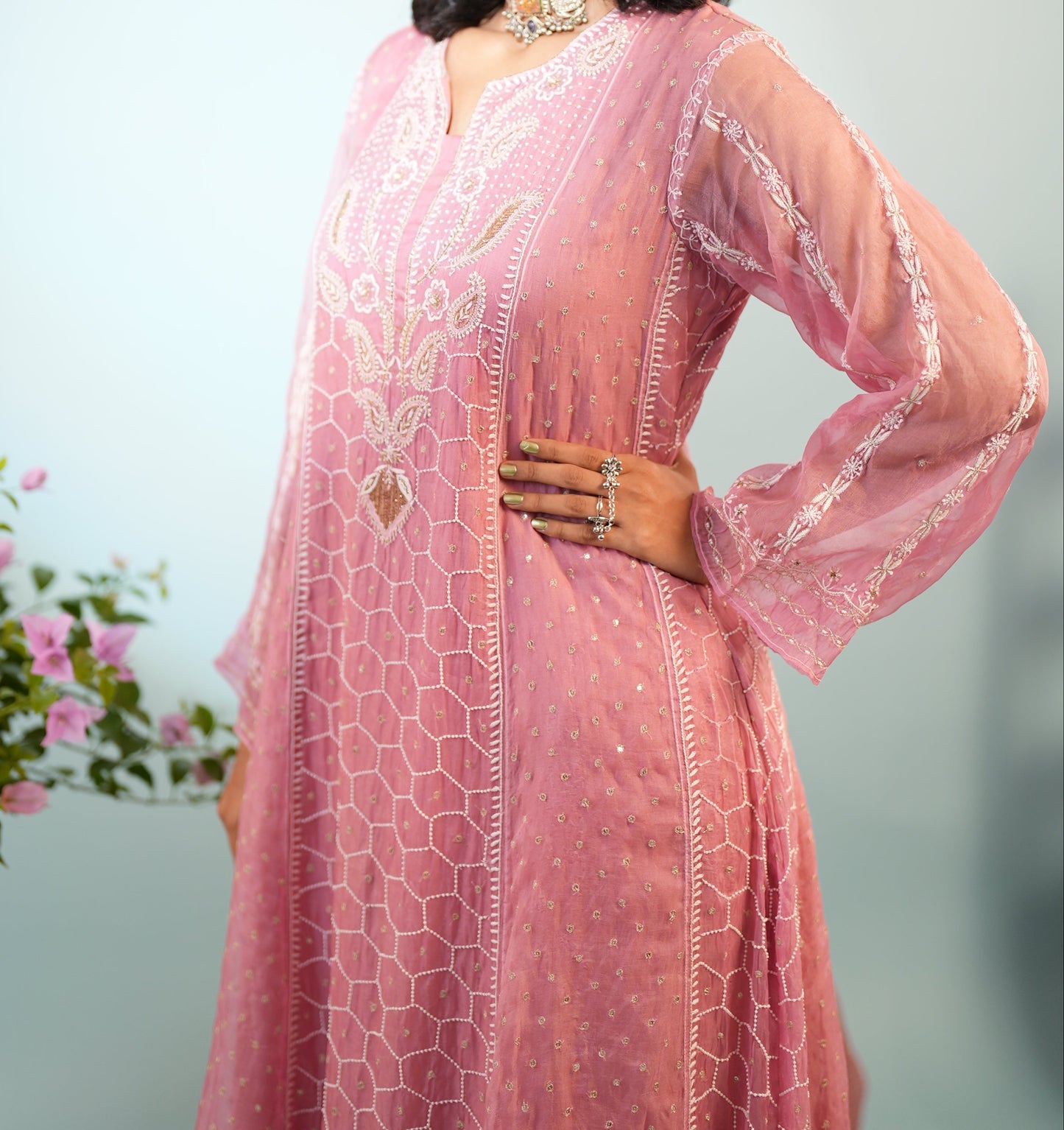 Premium Lucknowi  Suit in Pure Organza Silk Blush Pink