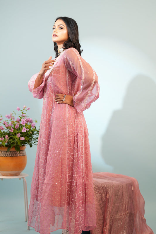 Premium Lucknowi  Suit in Pure Organza Silk Blush Pink