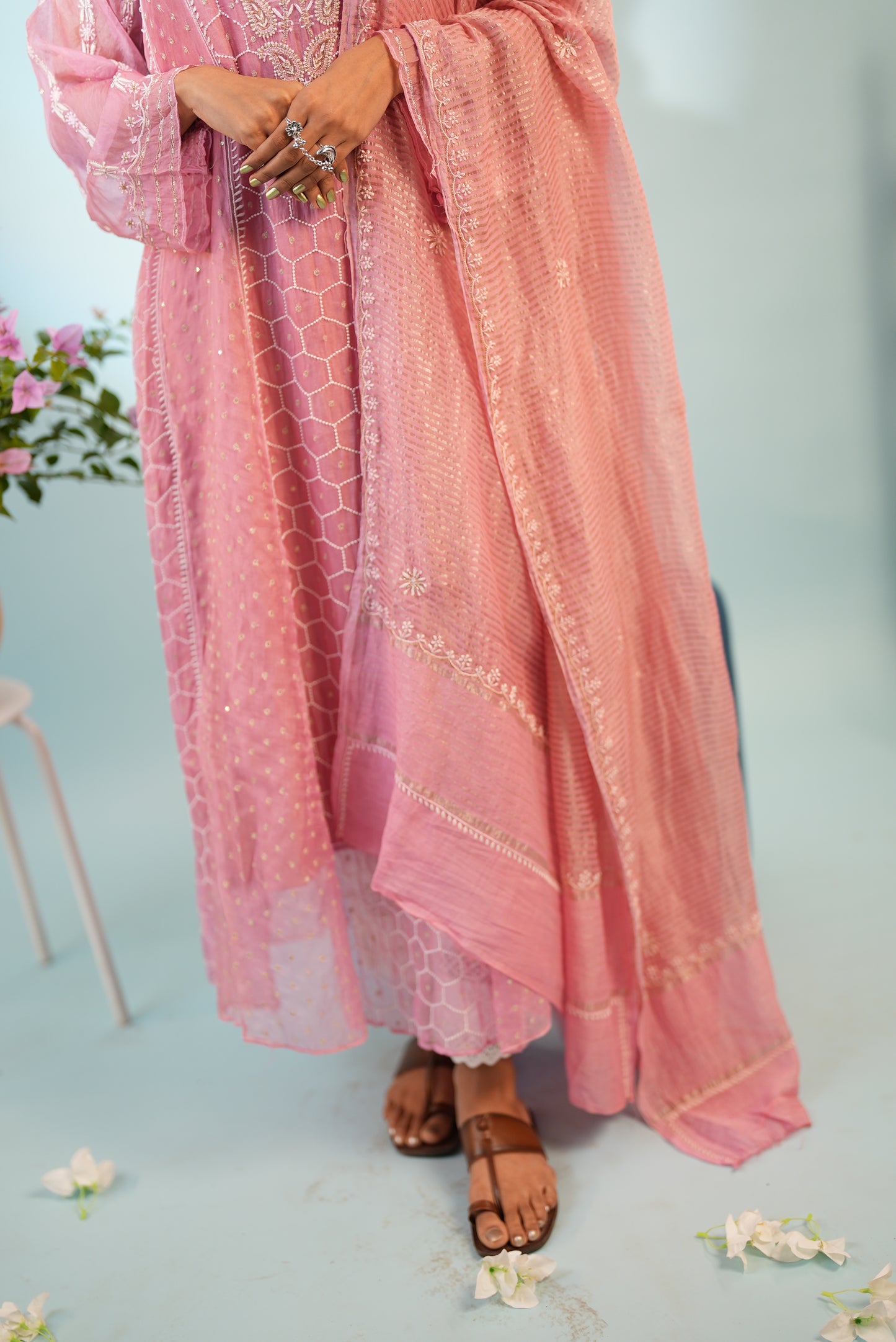 Premium Lucknowi  Suit in Pure Organza Silk Blush Pink