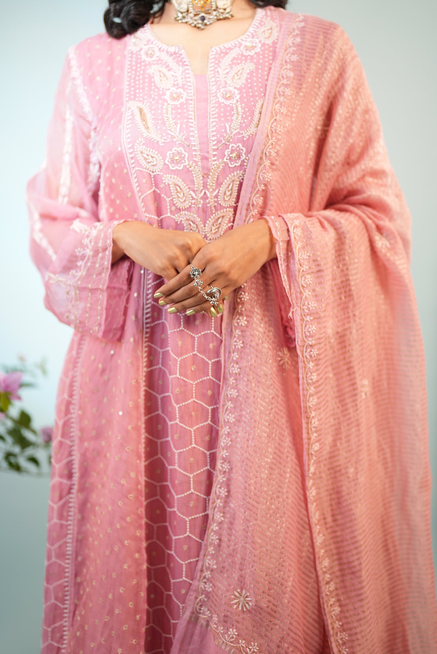 Premium Lucknowi  Suit in Pure Organza Silk Blush Pink