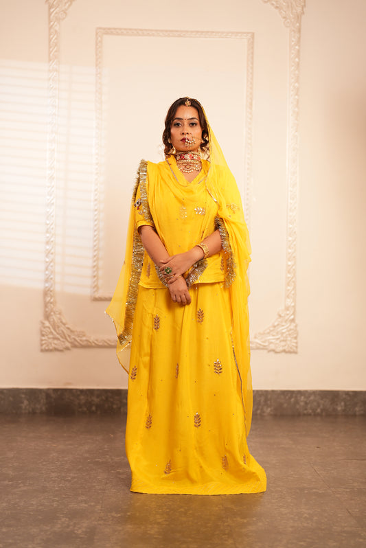 Rajput Poshak in Silk and Pure Chiffon - Yellow