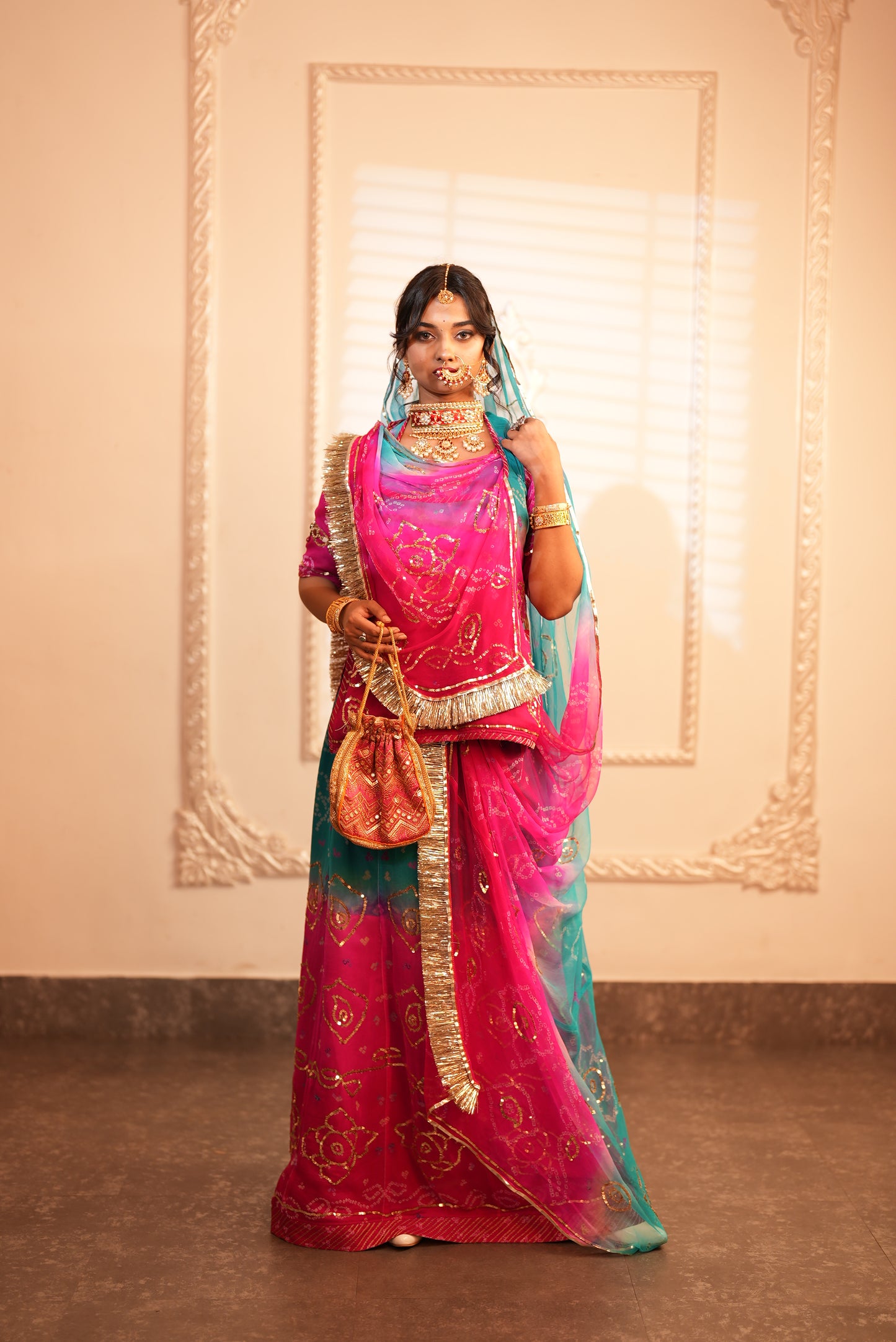 Pure Chiffon Poshak with Bandhini and Aari -Tari Handwork - Rani Pink and Blue Shaded