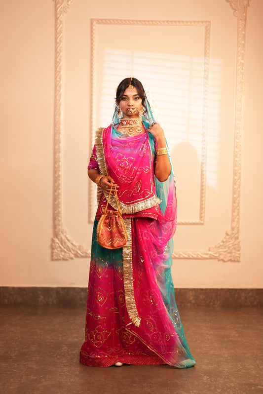Pure Chiffon Poshak with Bandhini and Aari -Tari Handwork - Rani Pink and Blue Shaded