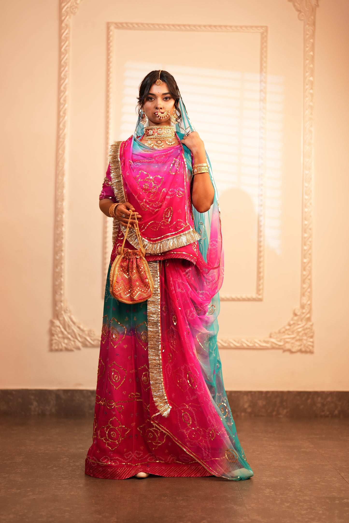 Pure Chiffon Poshak with Bandhini and Aari -Tari Handwork - Rani Pink and Blue Shaded