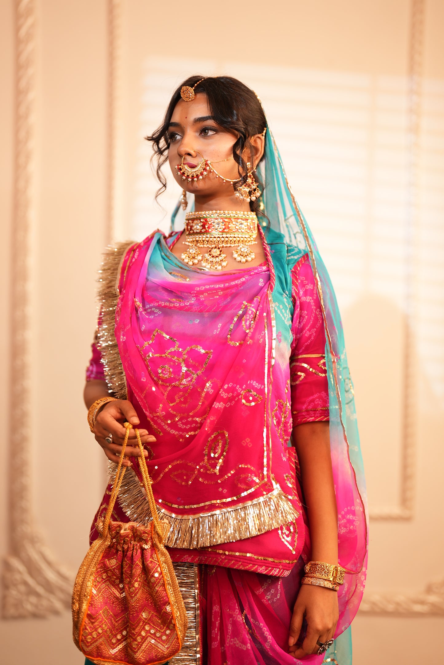 Pure Chiffon Poshak with Bandhini and Aari -Tari Handwork - Rani Pink and Blue Shaded