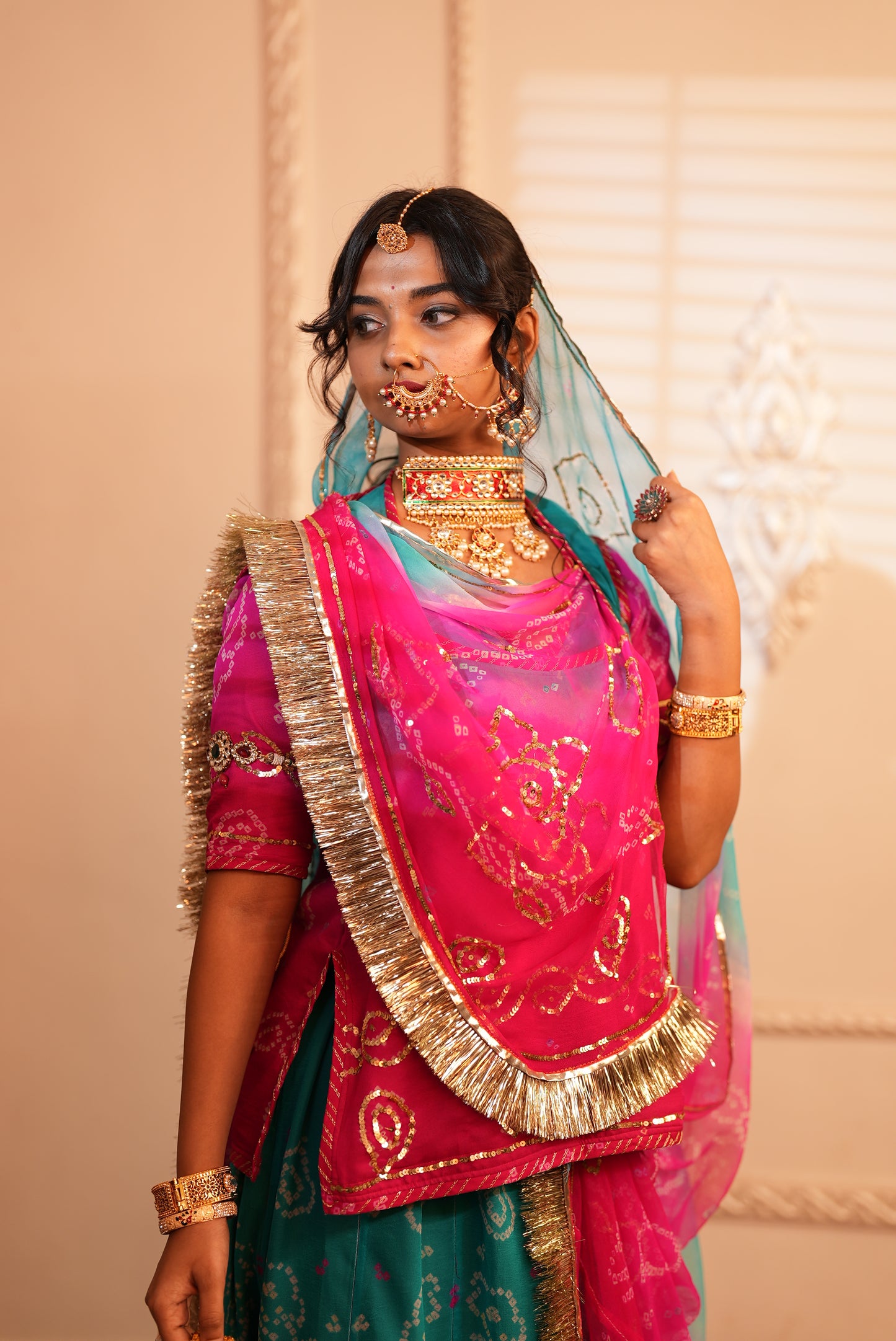 Pure Chiffon Poshak with Bandhini and Aari -Tari Handwork - Rani Pink and Blue Shaded