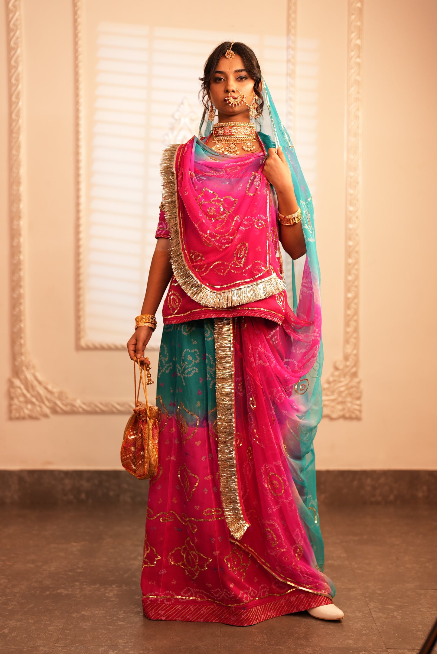 Pure Chiffon Poshak with Bandhini and Aari -Tari Handwork - Rani Pink and Blue Shaded