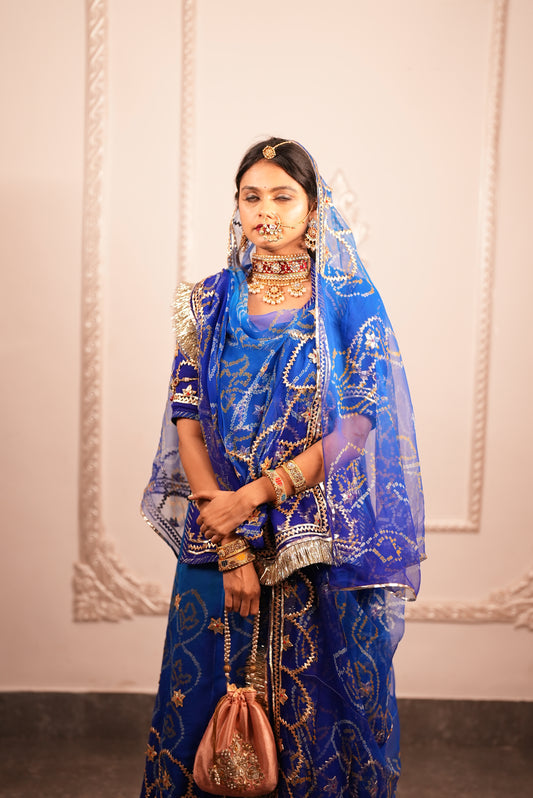 Pure Chiffon Poshak with Bandhini and Kaachali Handwork - Ombre Blue