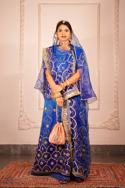 Pure Chiffon Poshak with Bandhini and Kaachali Handwork - Ombre Blue