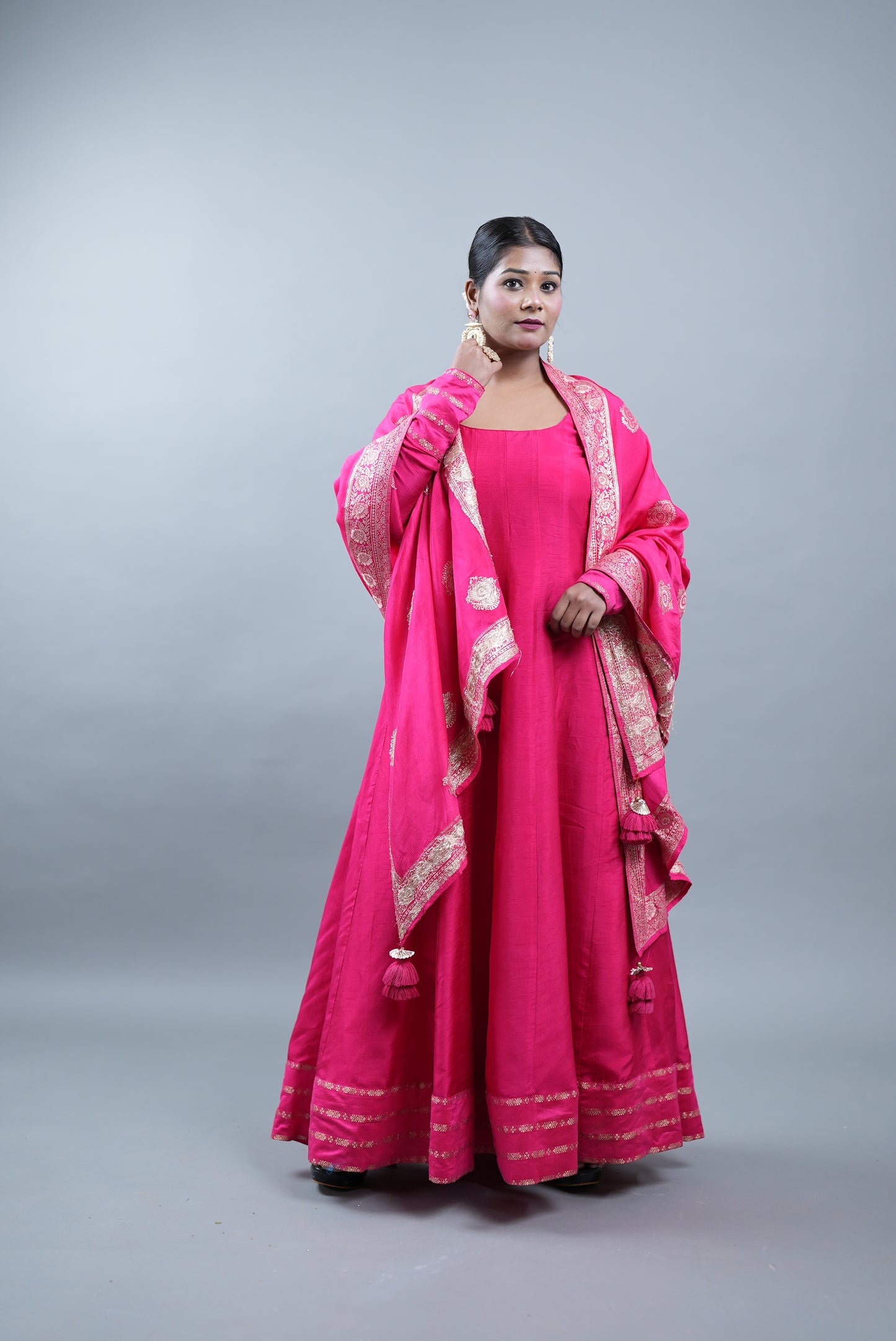 Kaashi Pure Silk Anarkali With Banarasi Dupatta - Rani Pink