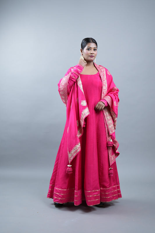 Kaashi Pure Silk Anarkali With Banarasi Dupatta - Rani Pink