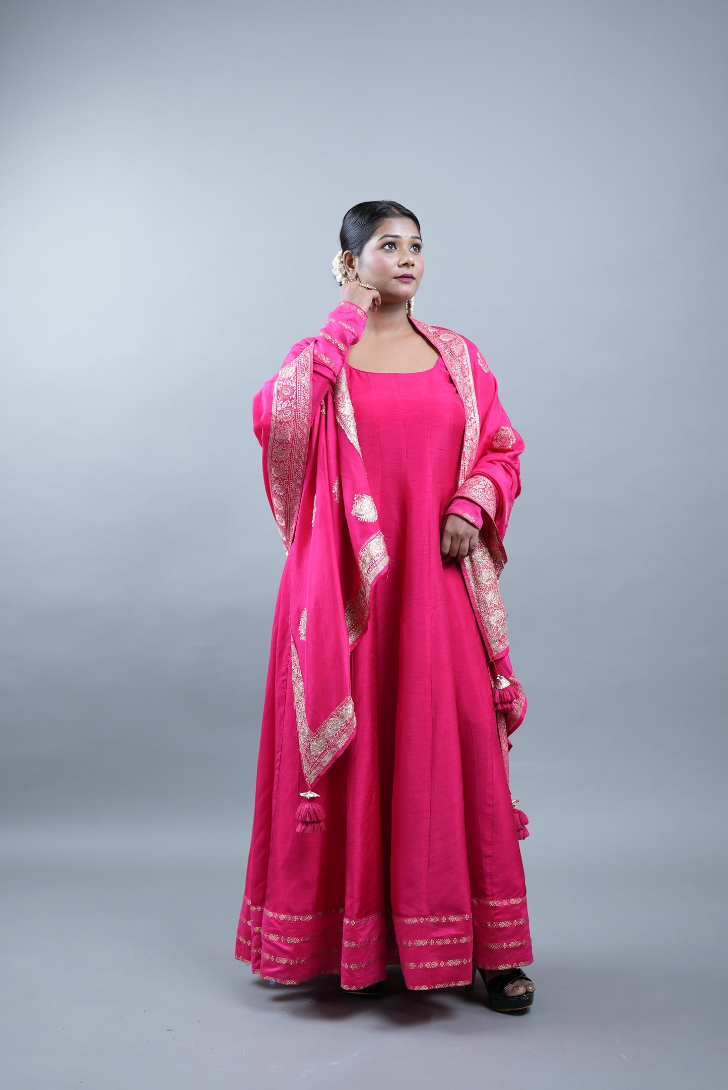 Kaashi Pure Silk Anarkali With Banarasi Dupatta - Rani Pink