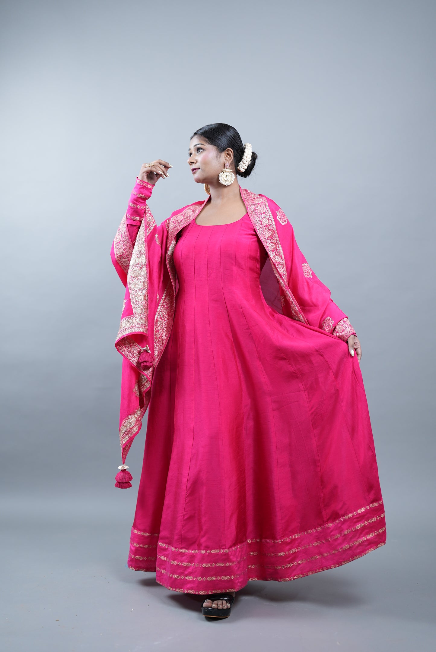 Kaashi Pure Silk Anarkali With Banarasi Dupatta - Rani Pink