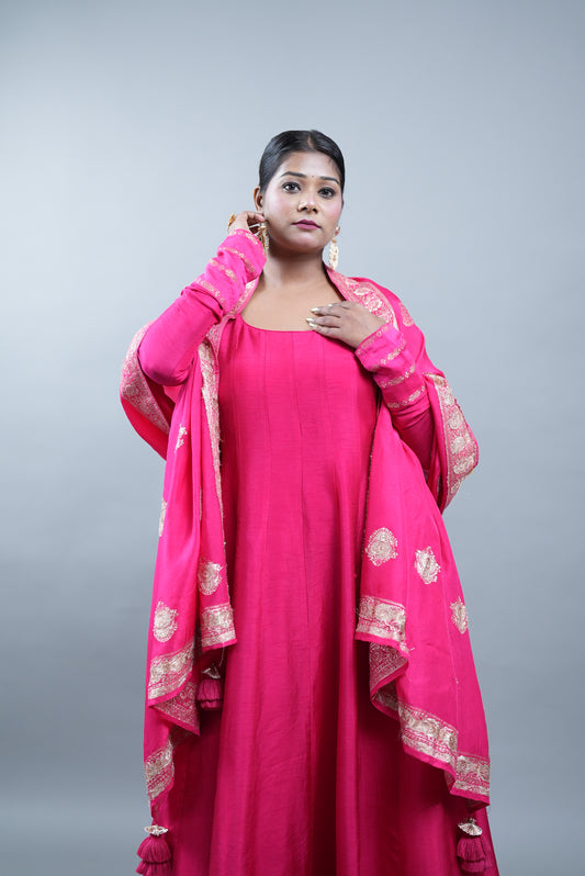 Kaashi Pure Silk Anarkali With Banarasi Dupatta - Rani Pink