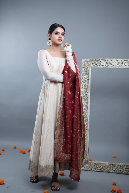 Kaashi Pure Silk Anarkali With Banarasi Dupatta - Ivory Anarkali with Maroon Dupatta