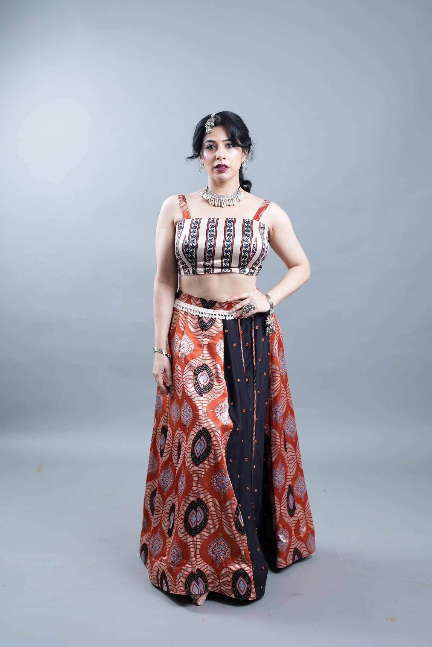 Ajrak Print 2 Piece Lehenga in Modal Silk  - Orange