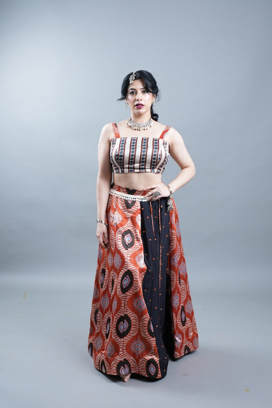 Ajrak Print 2 Piece Lehenga in Modal Silk  - Orange