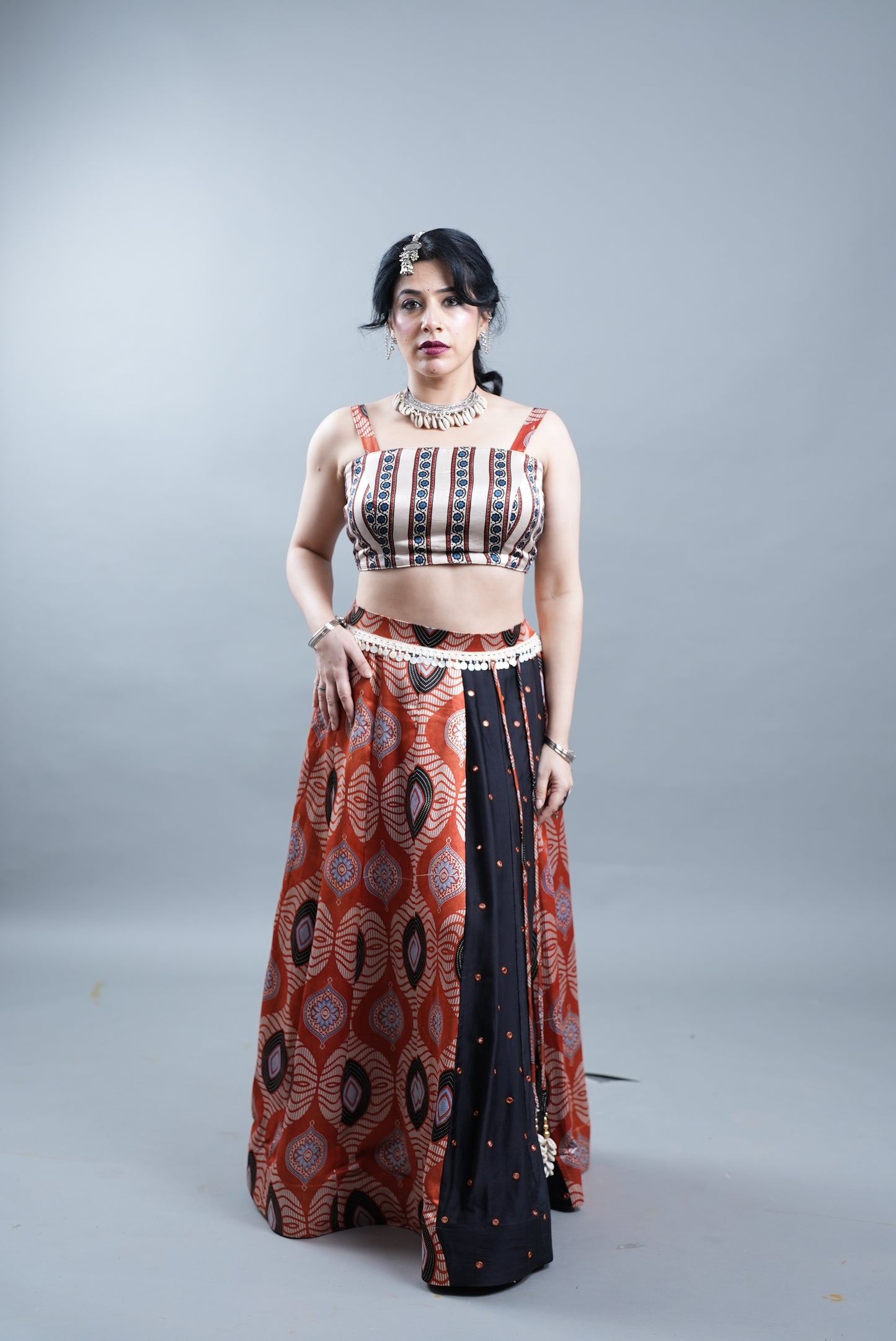 Ajrak Print 2 Piece Lehenga in Modal Silk  - Orange
