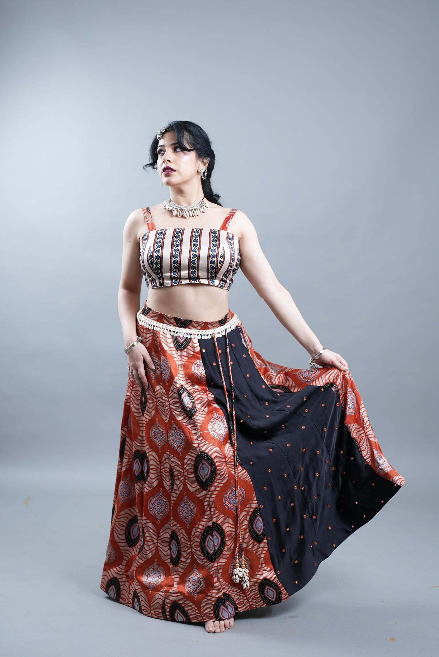 Ajrak Print 2 Piece Lehenga in Modal Silk  - Orange