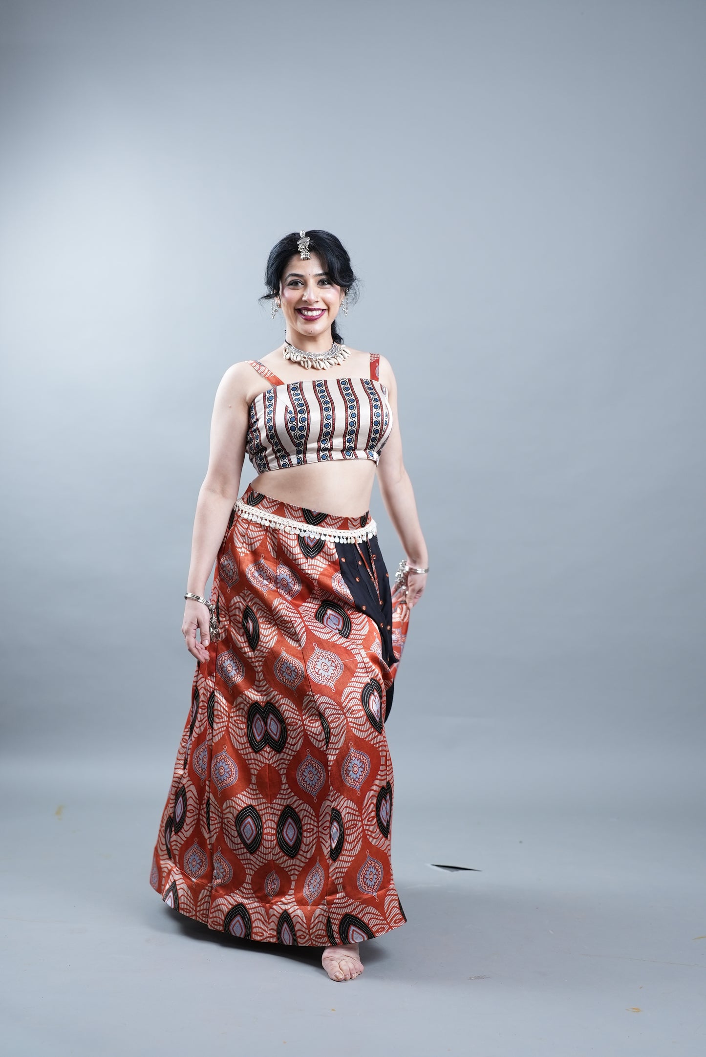 Ajrak Print 2 Piece Lehenga in Modal Silk  - Orange