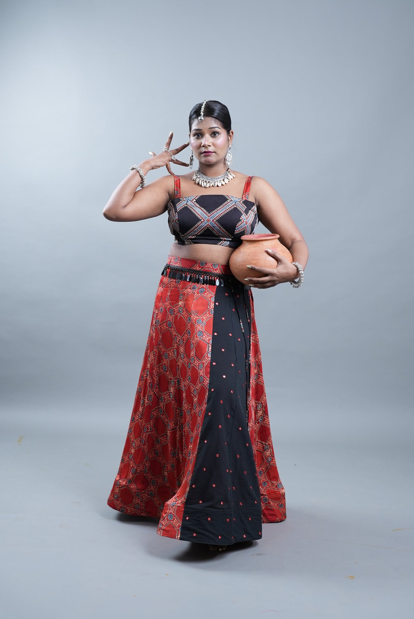 Ajrak Print 2 Piece Lehenga in Modal Silk  - Rustic Red