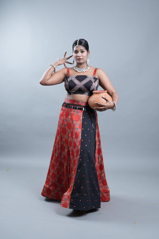 Ajrak Print 2 Piece Lehenga in Modal Silk  - Rustic Red